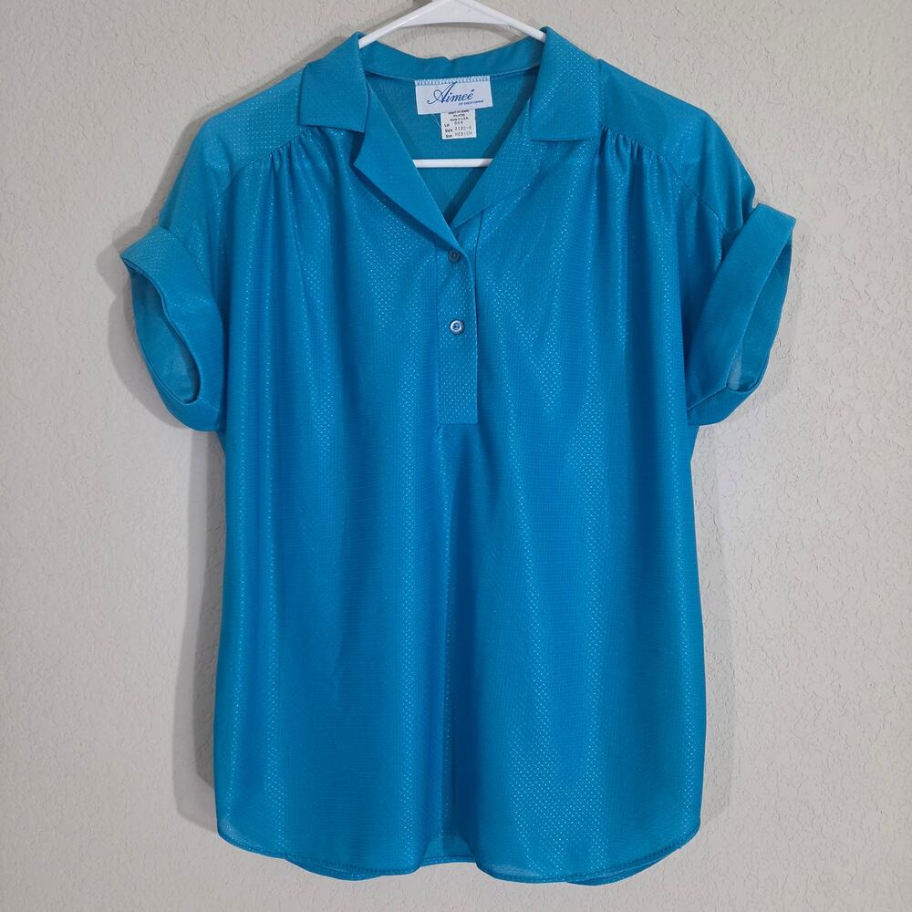 Vintage 80s Top Aimee of California Womens S / M  Teal Blue Short Sleeve Blouse